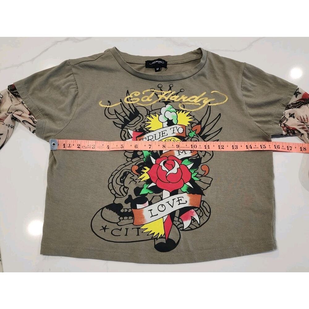 Ed Hardy Women True To My Love Cropped T Shirt With Mesh Tattoo Sleeves Medium - Picture 3 of 6